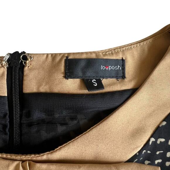 Lovposh Women's Geometric Bow Mini Dress - Tan Black - Small Feminine 70s - Picture 6 of 11